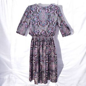 Vintage MCS Ltd Dress Woman 6 Petite Purple Blue‎ Paisley Pleated Skirt USA made